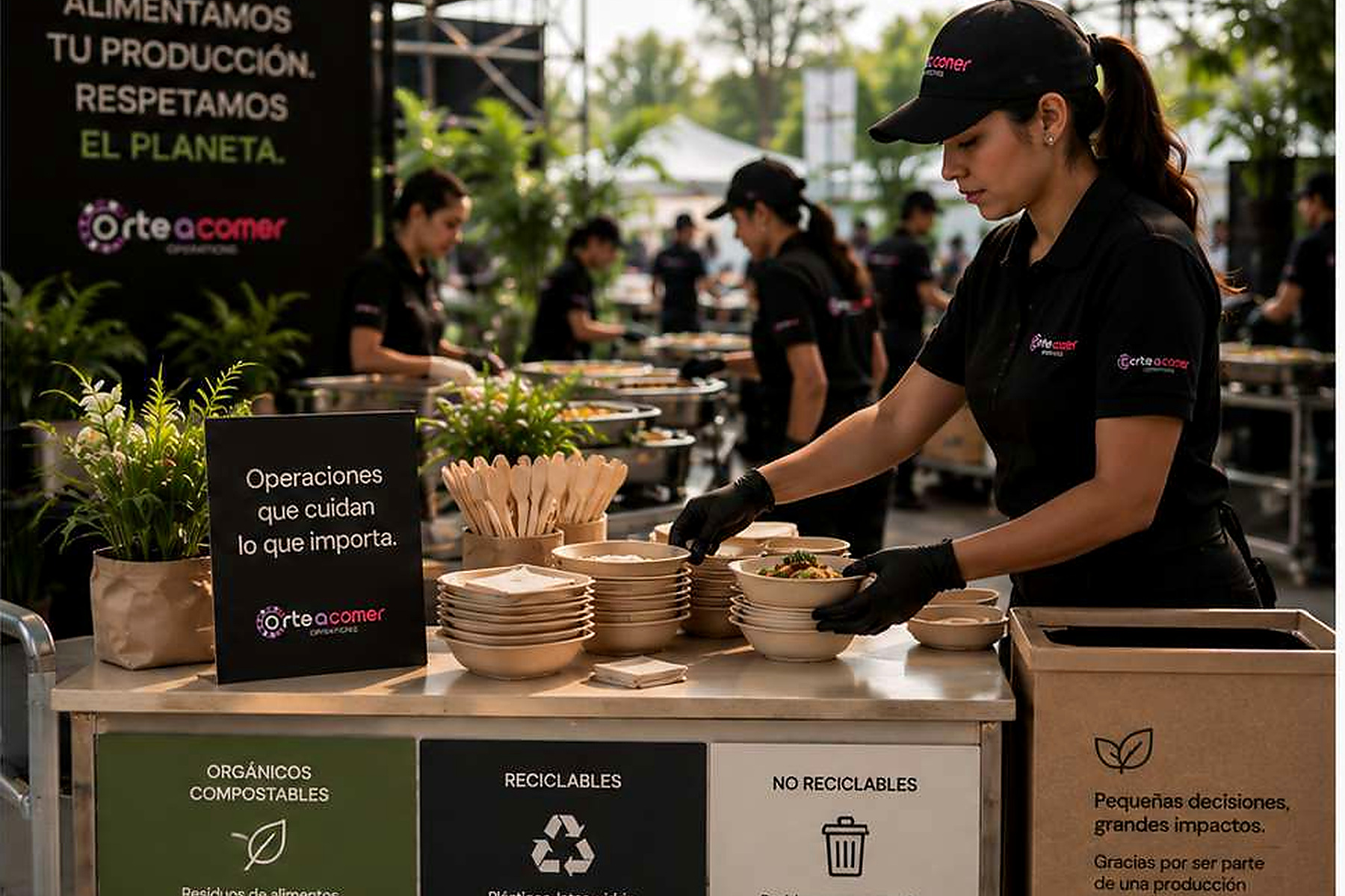 Operación responsable con separación de residuos y materiales compostables